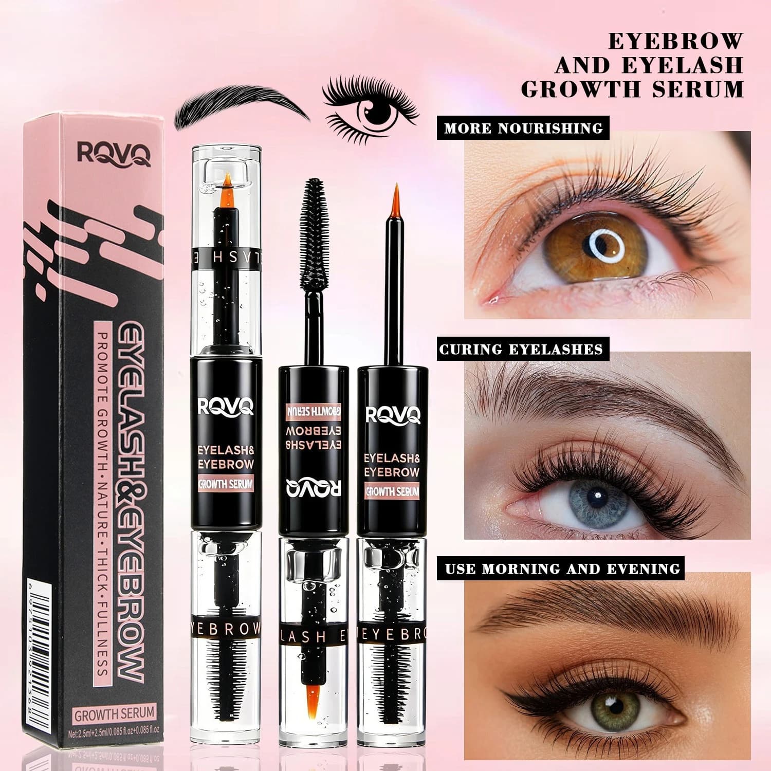 Double-pointed mascara and lotion for the care of eyebrows, for naturally long and thick eyelashes and eyebrows.