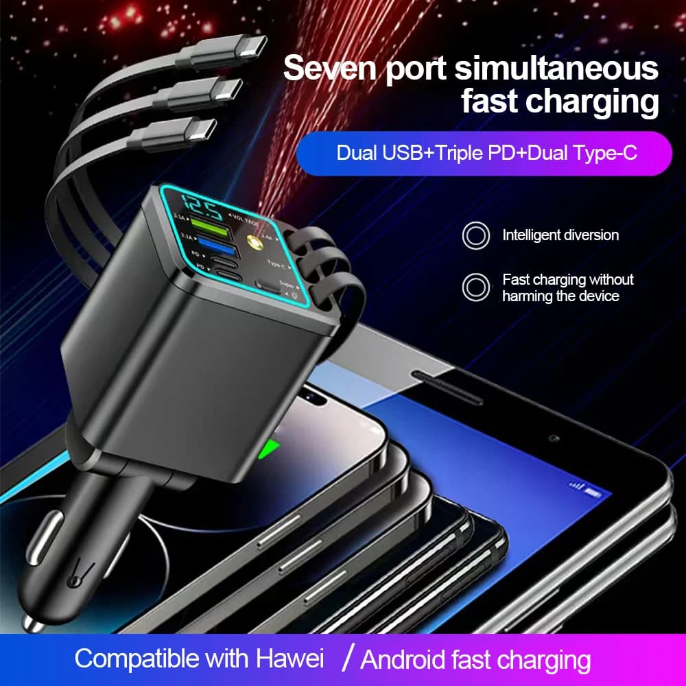 Caricatore rapido 7 in 1 da 148W PD Type C con doppia porta USB e voltmetro digitale, con 3 cavi retrattili per iPhone e Huawei