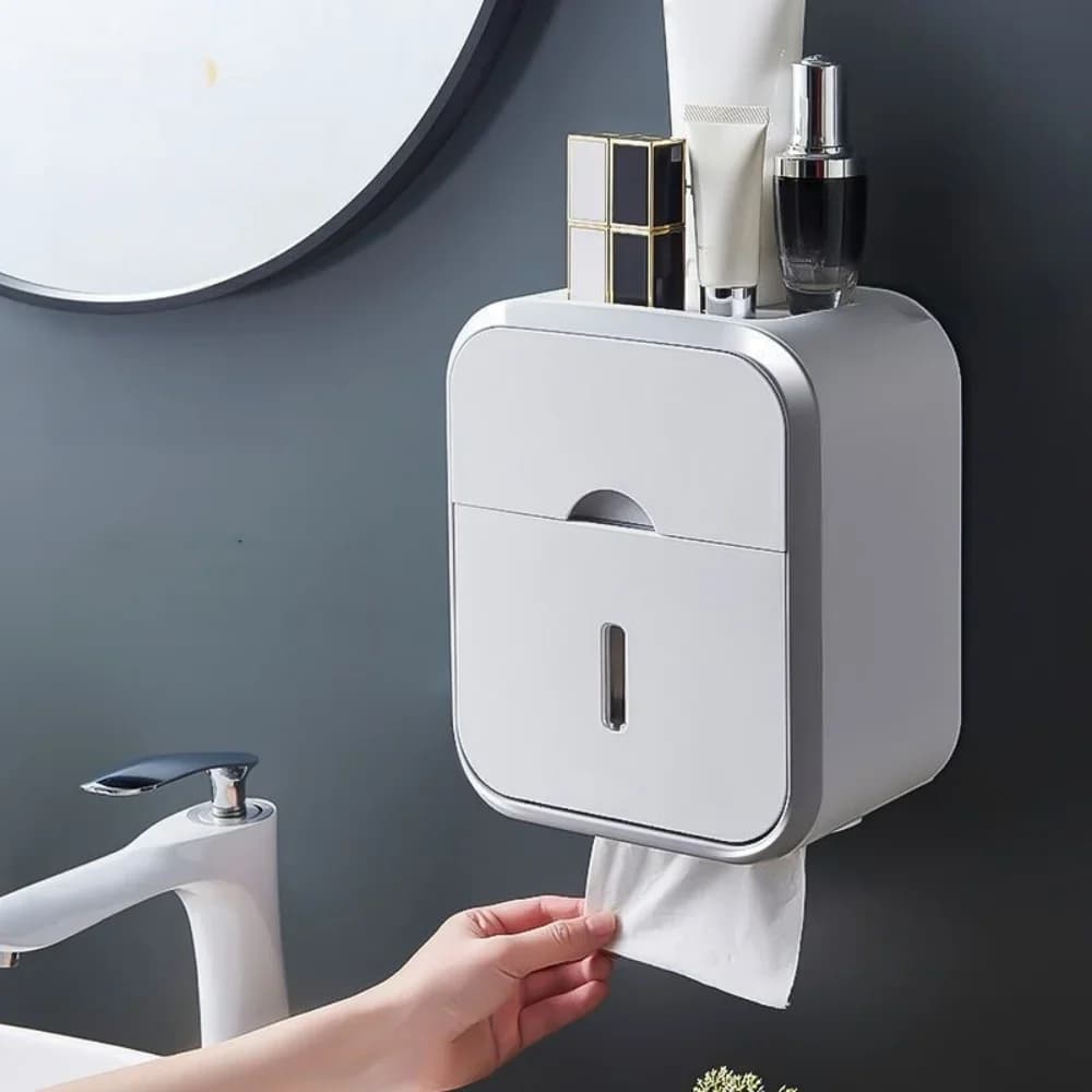 Wall‑Mounted Waterproof Toilet Paper Holder, Bathroom Tissue Box with Storage Drawer & Top Shelf for Roll & Facial Tissue