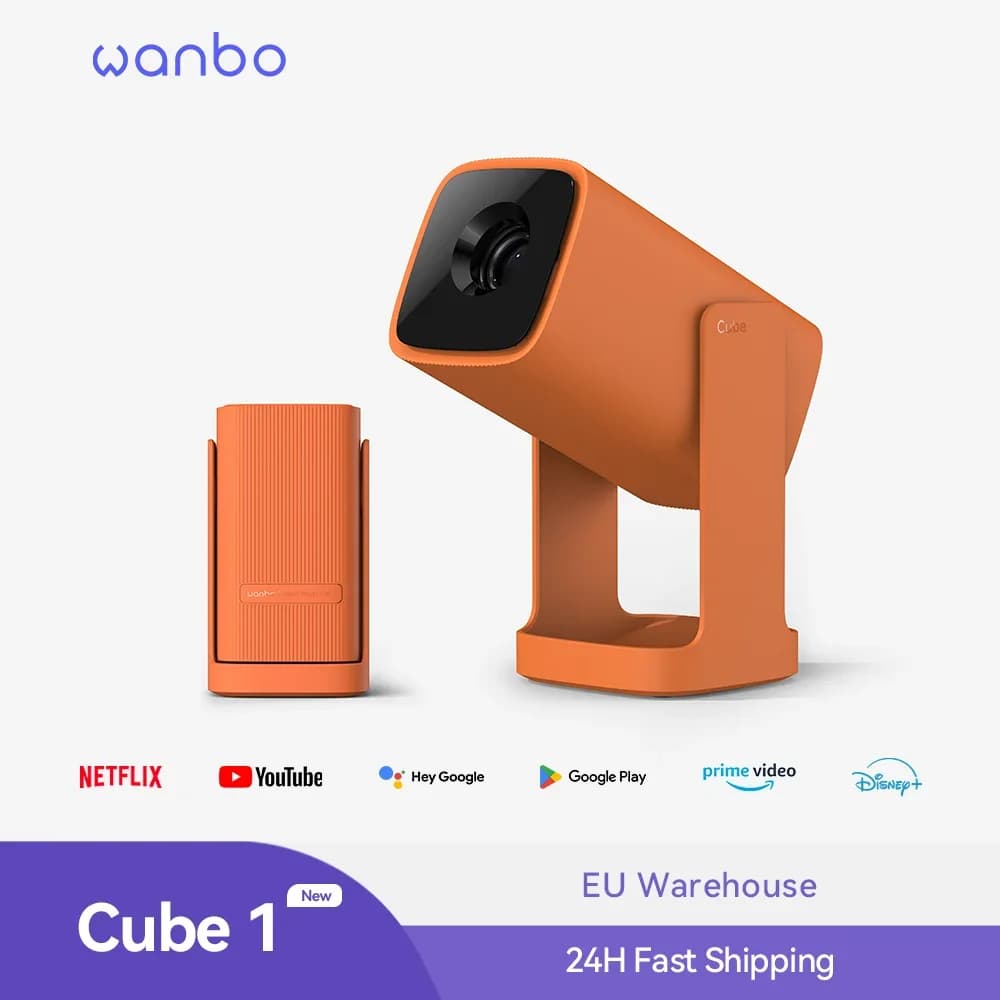 Wanbo Cube 1 4K Mini Projector Video Portable Android TV 14.0 360° ° Projector with Gimbal Rotating and Electric Fire Mass, Double Wifi 200IOS
