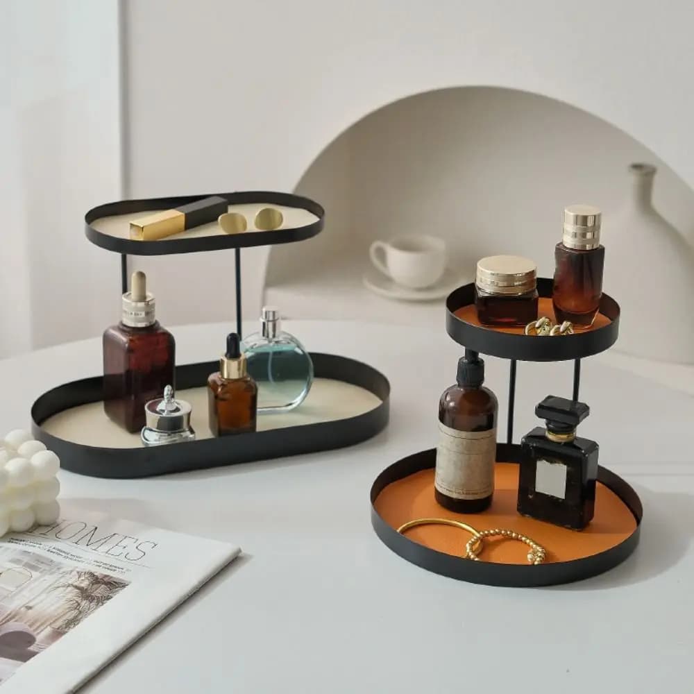 Portaoggetti in ferro per cosmetici con cuscino in pelle, vassoio da scrivania semplice, espositore creativo a doppio strato per gioielli e trucchi