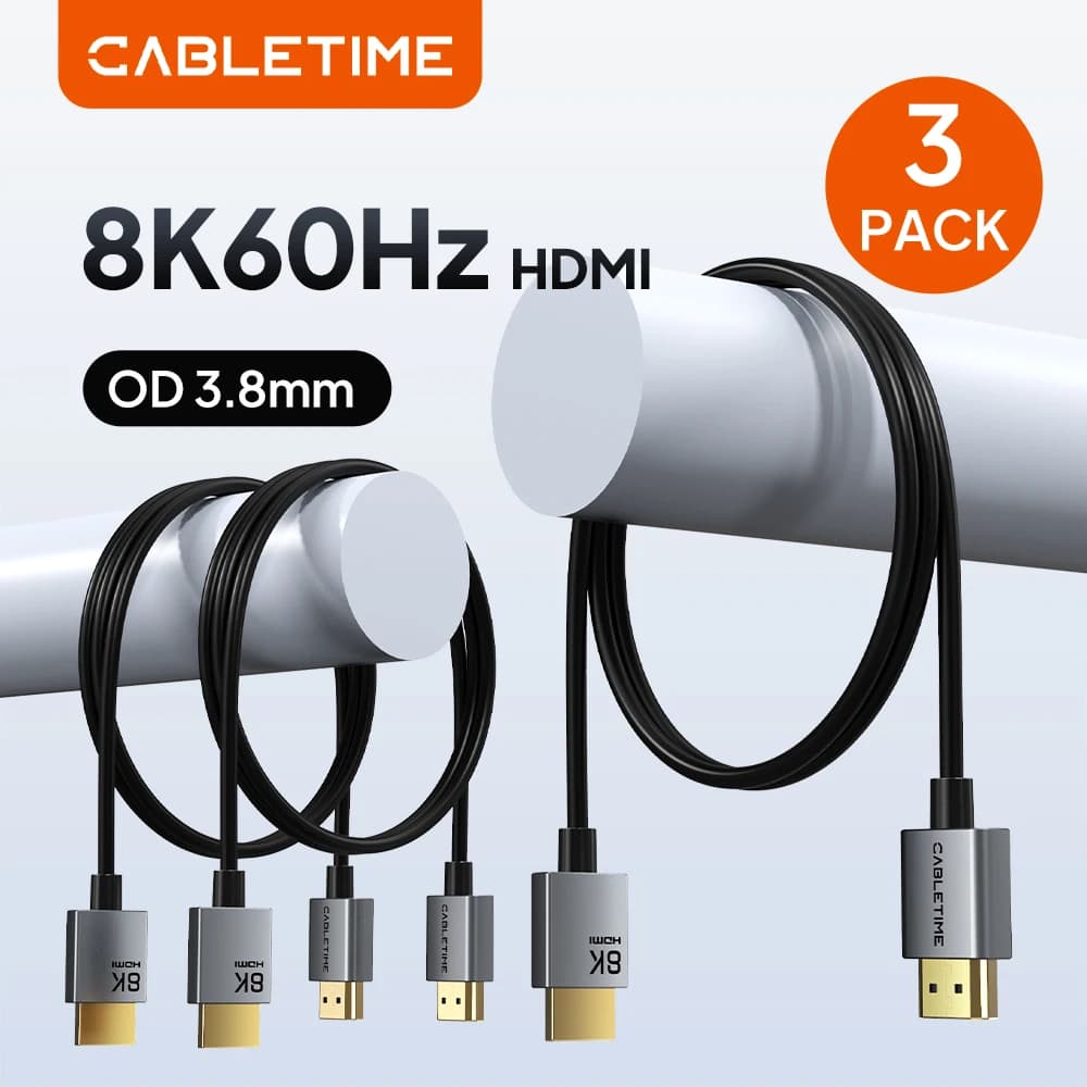 CABLETIME 8K Slim HDMI 2.1 Cable HDMI to HDMI Cable 8K@60Hz 4K@120Hz Ultra HD Resolution 3.8mm Width 48Gbps for Laptop Lenovo Dell