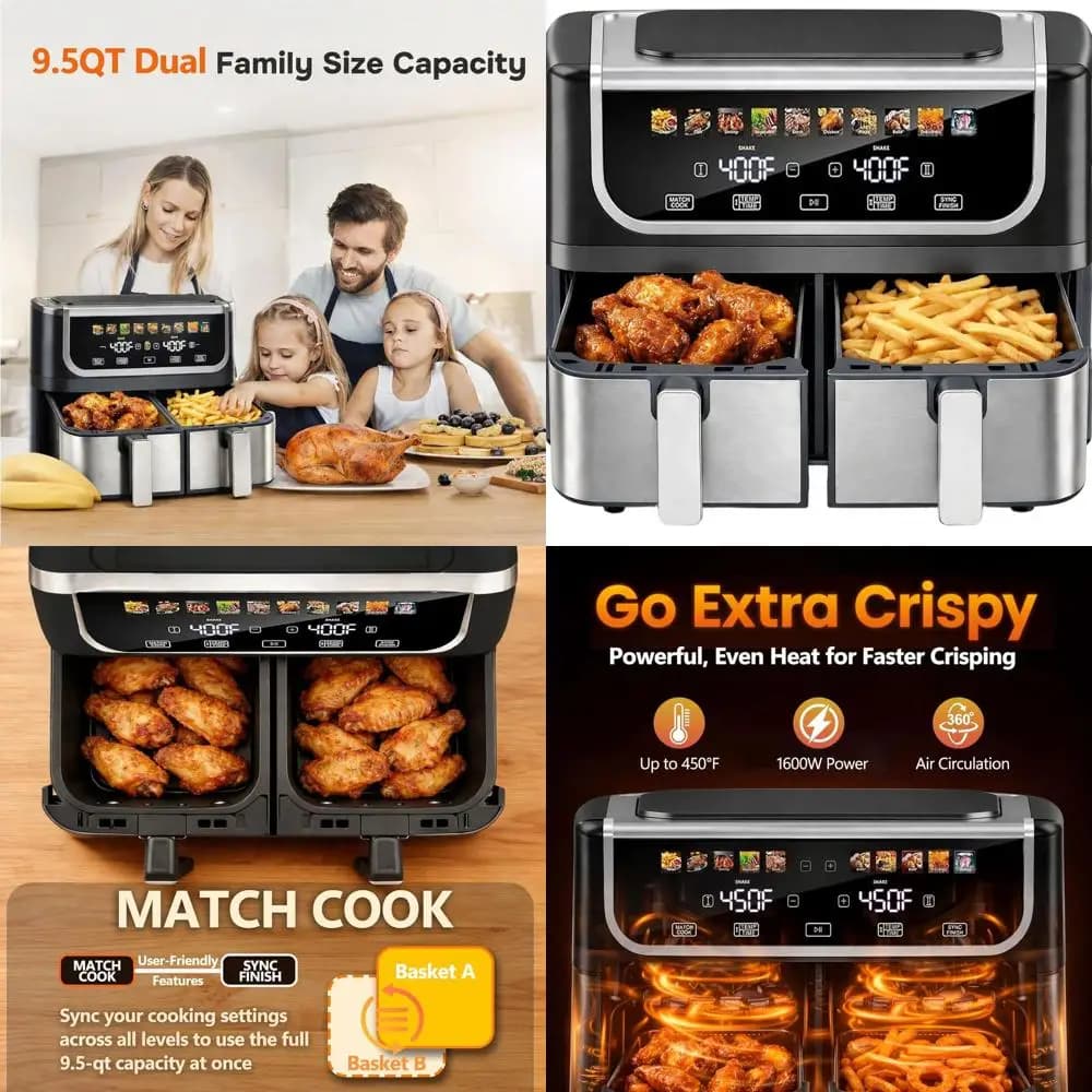 9.5 Liters Double-Custom Air Fryer with 10 Preset Digital Programs, 1700W Power, Synchronized Cooking, Independent Temperature Control, Shielding Reminder, Anti-Agent