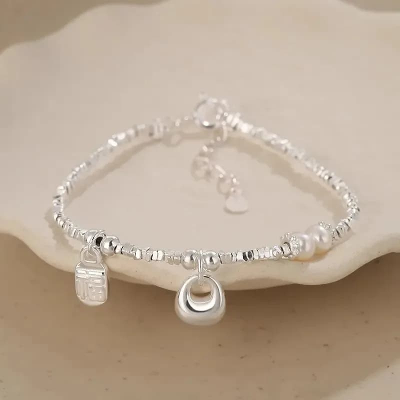 HX Bracciale da donna moderno con perle cinesi, lucchetto, fascino della fortuna, unico ed elegante, estetica orientale, gioielli a mano