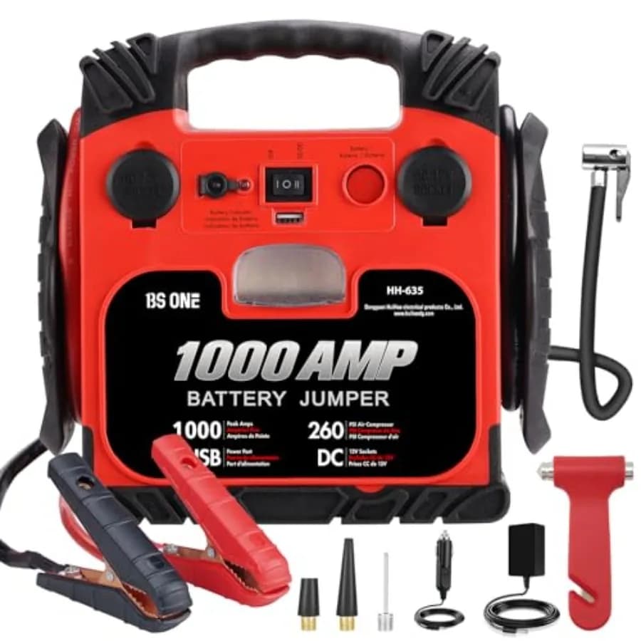 Avviatore di Emergenza per Auto da 1000 Amp di Picco, Batteria 12V al Piombo con Compressore d'Aria da 260 PSI, Avviatore di Emergenza con Batteria Integrata e Funzione di Gonfiaggio