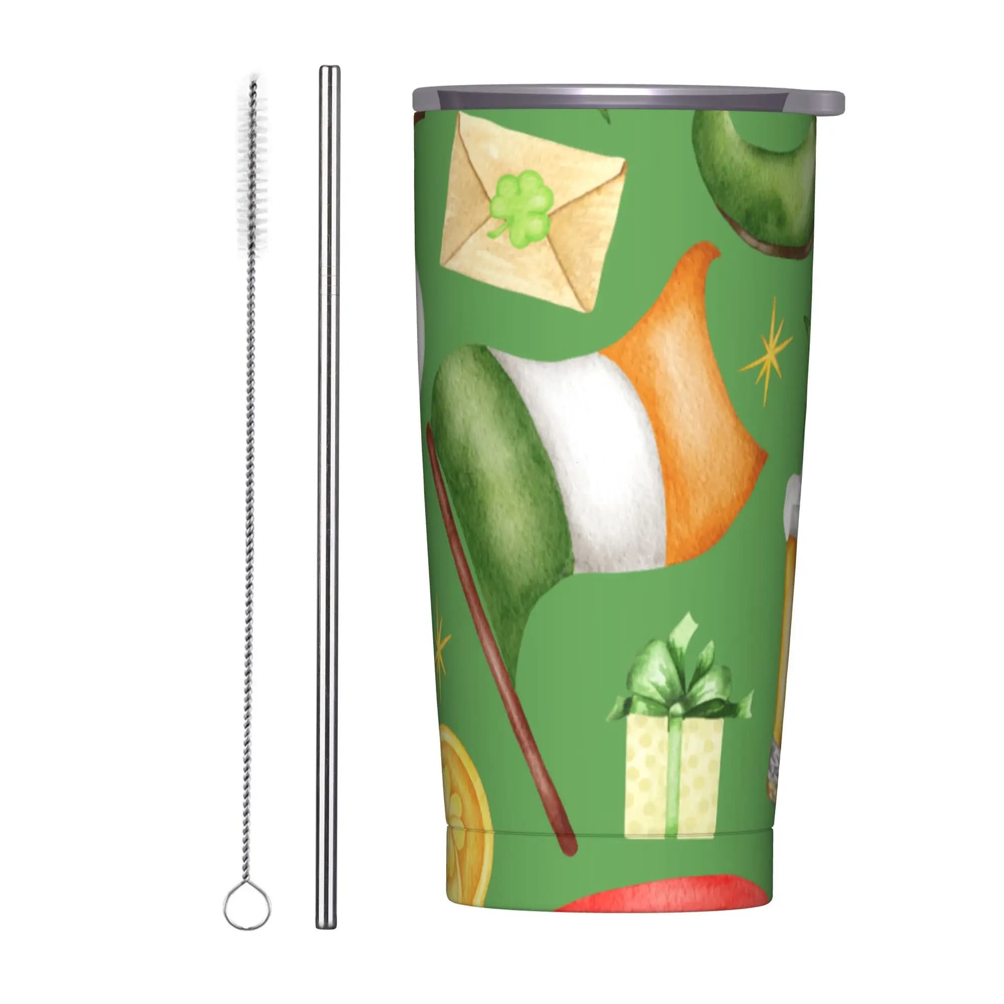 Bicchiere Termico a Quattro Foglie di Trifoglio per San Patrizio, Tazza Isolata Sottovuoto con Bandiera Irlandese, Coperchio e Cannuccia, 20oz