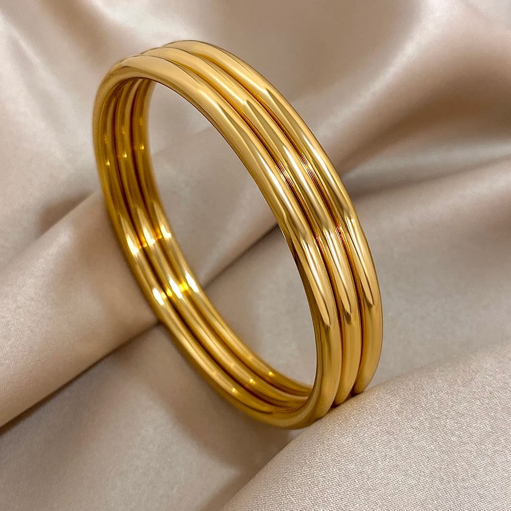 3 Piece Gold Plated Stainless Steel Rigid Bracelet for Women Simple Stylish Stackable Bracelet Waterproof Jewelry