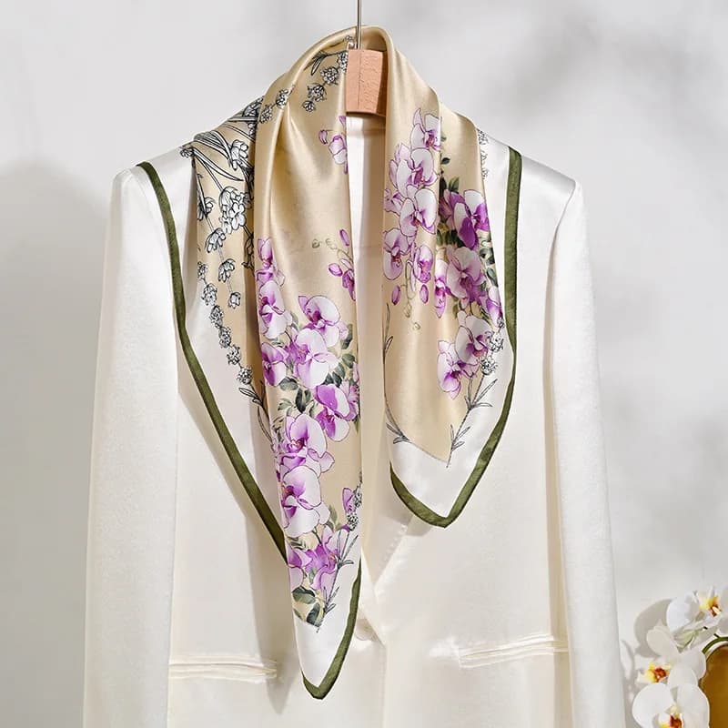 100% Silk Satin 65x65CM Square Scarf Hand Drawn Lavender Floral Neck Scarf French Pastoral Headband Women Elegant Accessory