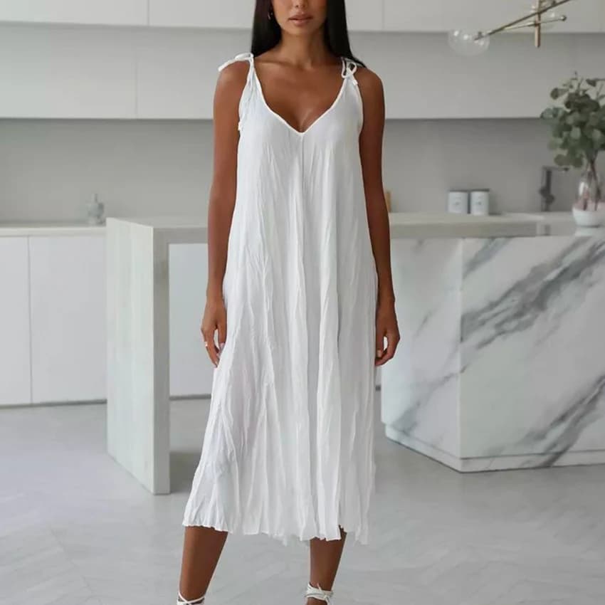HiLoc Casual Loose White Long Dress Robe 2026 New Summer V Neck Dresses For Women Spring Sleeveless Straight Robes Nightgown