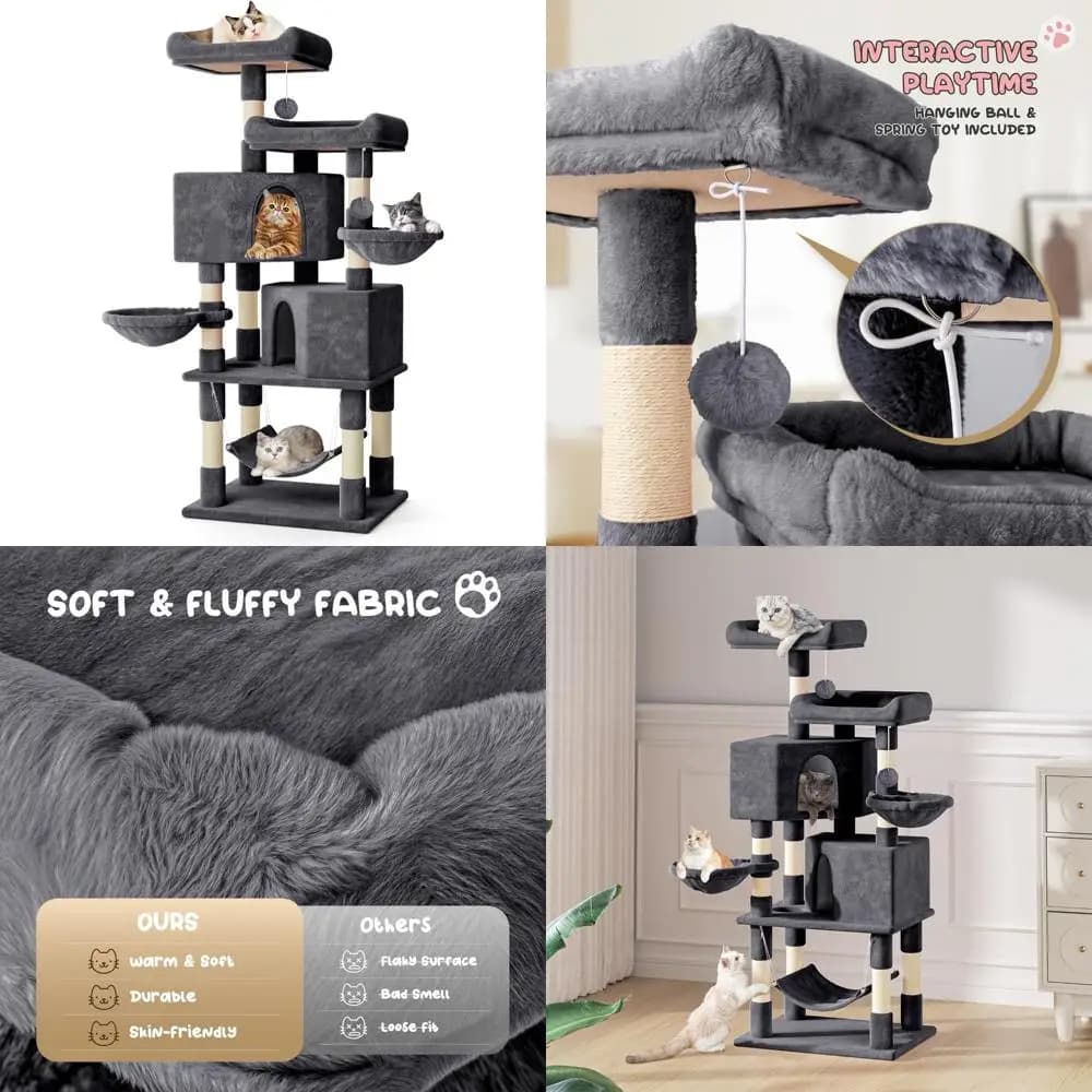 Torre per gatti alta 58 pollici con 2 condotti, tiragraffi e 3 amache per arrampicata e riposo