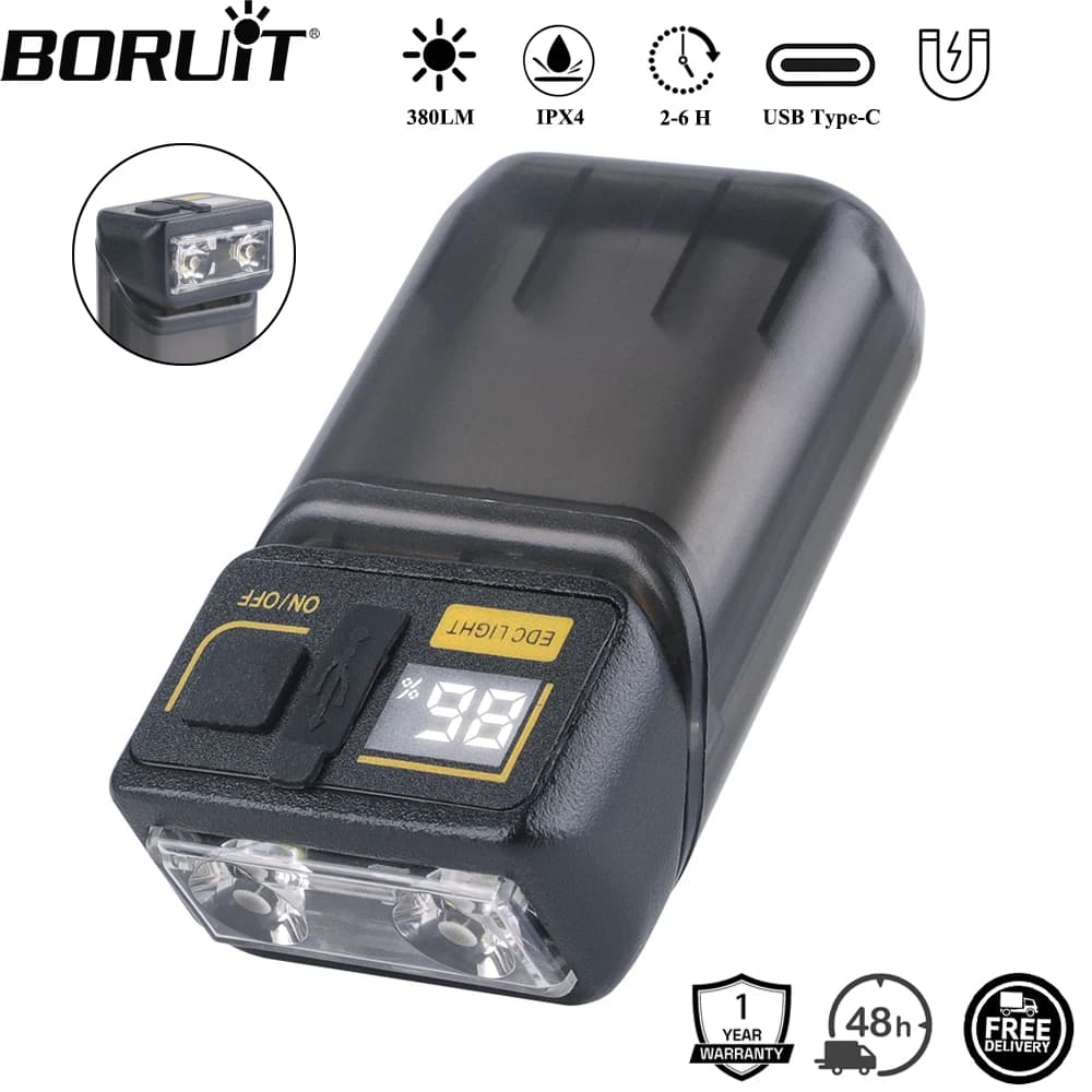 BORUiT 380LM Torcia LED EDC ruotabile USB-C Portachiavi ricaricabile Torcia da lavoro con display di alimentazione magnetica Lanterna da campeggio