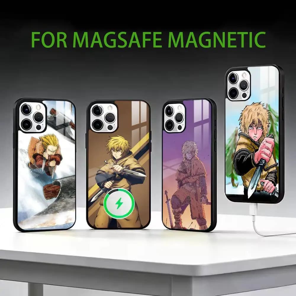 Cover per iPhone 17, 16, 15, 14, 13, 12, 11 Plus, Pro Max con design Vinland Saga, magnetica per ricarica wireless MagSafe