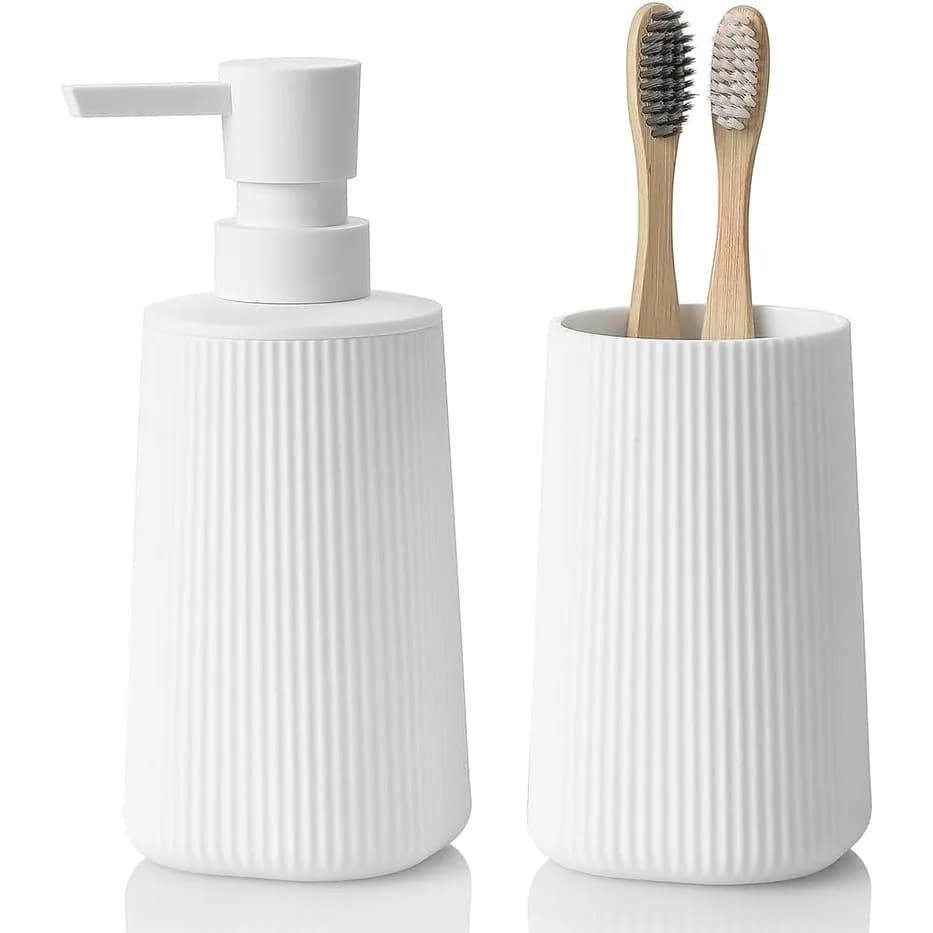 Set di Accessori per Bagno 2 Pezzi Dispenser Sapone e Portaspazzolino a Righe Bianche per Piano del Bagno