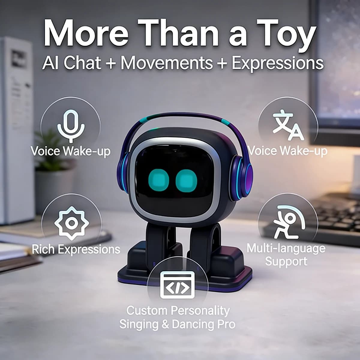 Nuovo Robot AI EMO Interattivo da Tavolo con Skateboard Ricaricabile, Funzioni Multilingue, Chat Intelligente e Danza, Regalo per Bambini