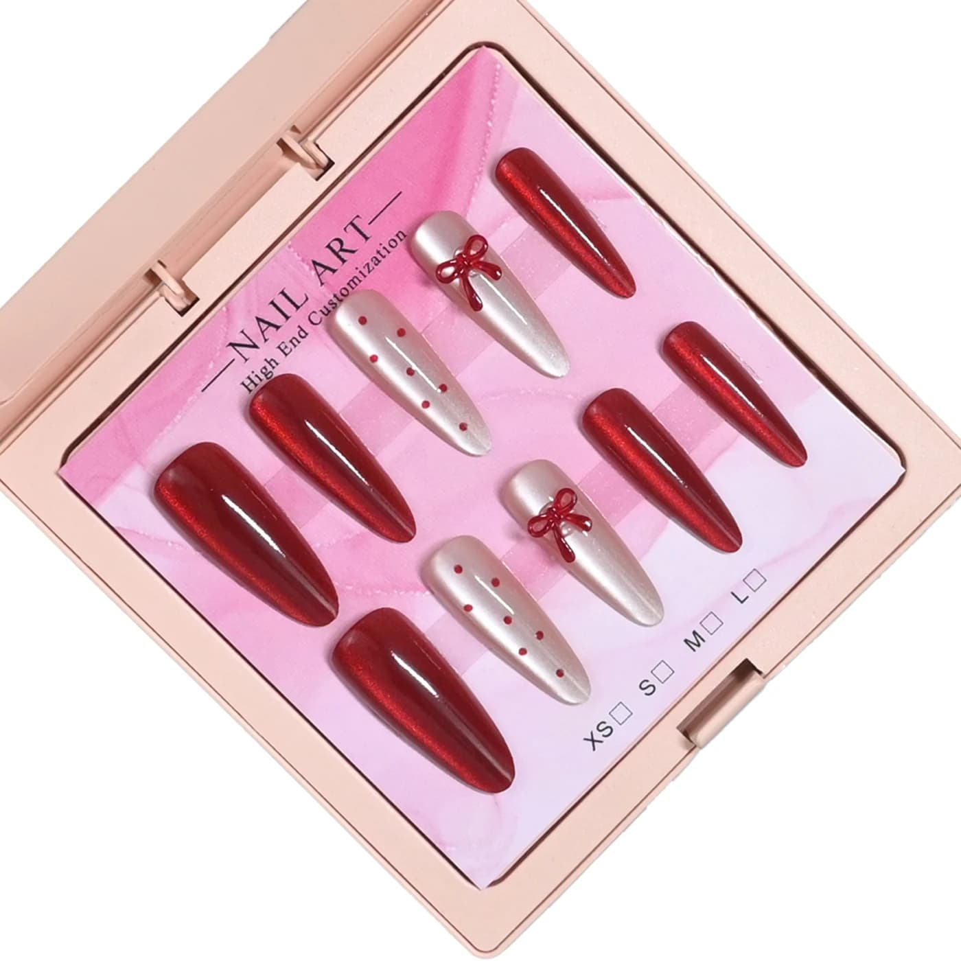 10 handmade stiletto nails in pink gift box. Burgundy cat-eye base with nude polka dots & 3D bows. Reusable, sweet retro style f