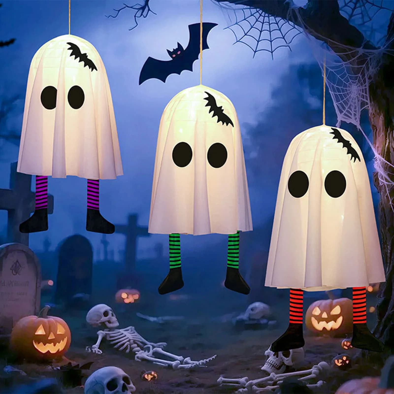 Fantasma bianco incandescente di Halloween Fantasmi appesi con lucine Decorazione esterna di Halloween Decorazione per feste di Halloween da 50 cm