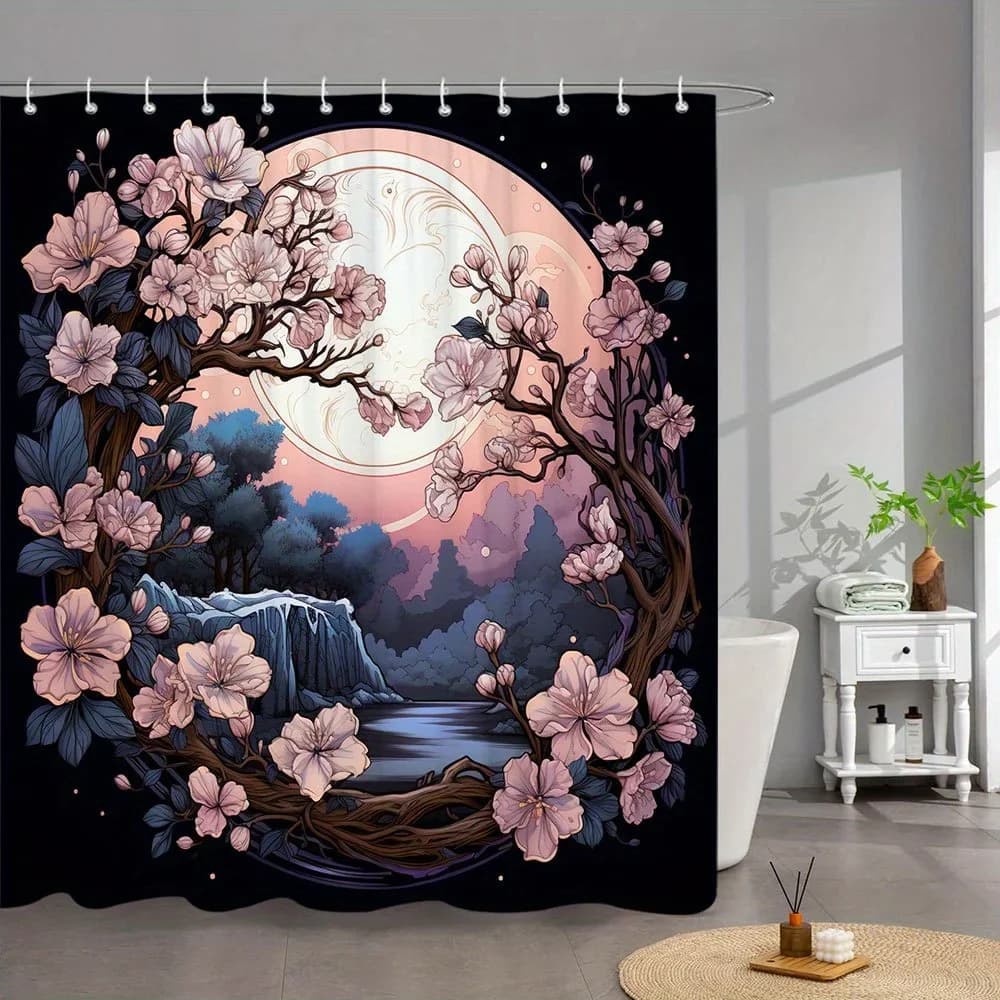 Tenda da doccia con fiori di ciliegio illuminati al luna da 1 pezzo - Design floreale rosa e bianco con lago a cascata e luna piena, 70x70 pollici, macchina