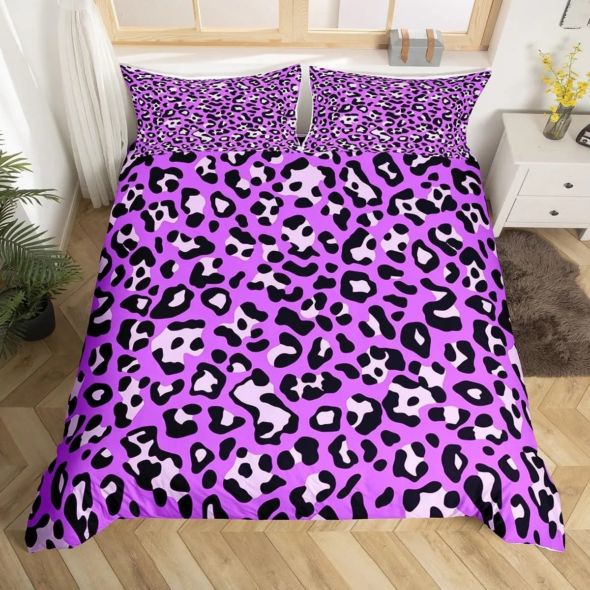 Set copripiumino in tre pezzi con stampa leopardata viola, set biancheria da letto con stampa digitale 3D, copriletto