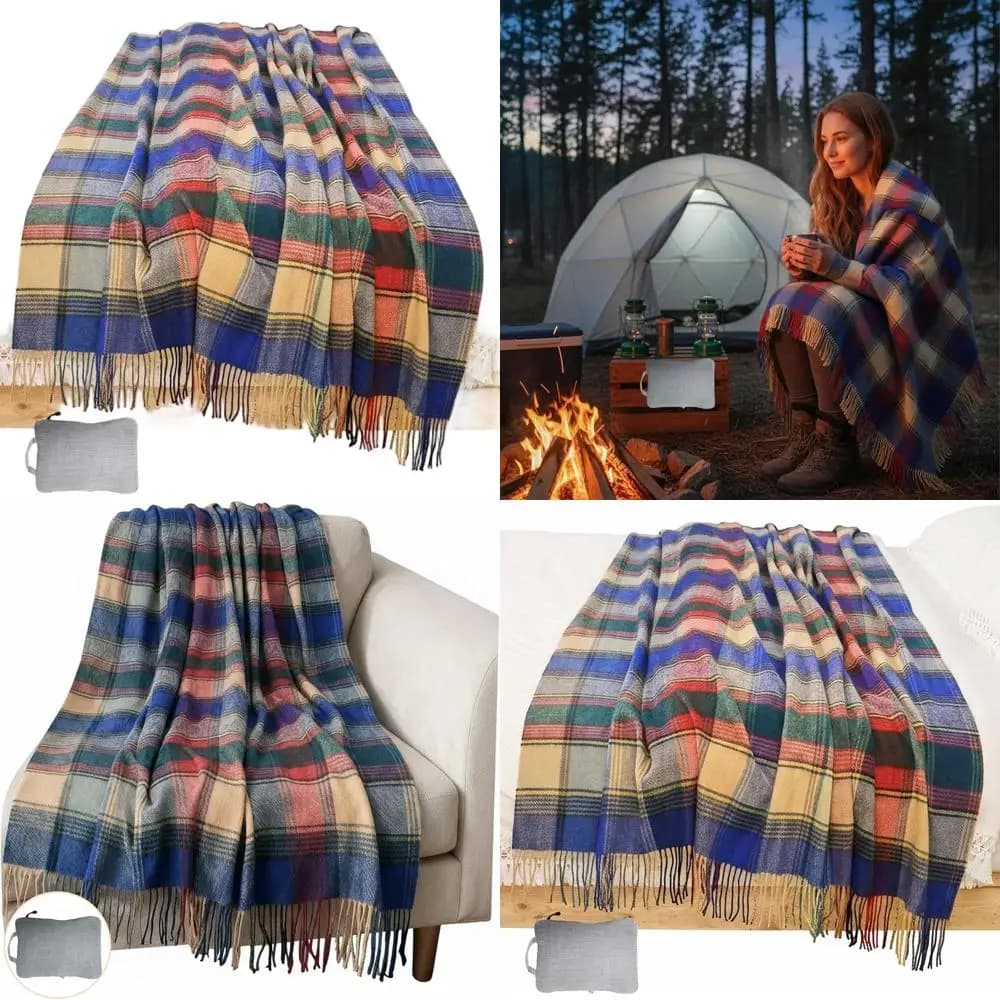 Coperta in Lana Tartan 55x83 Pollici per Campeggio, Divano e Viaggi - Leggera 1,5 Libbre