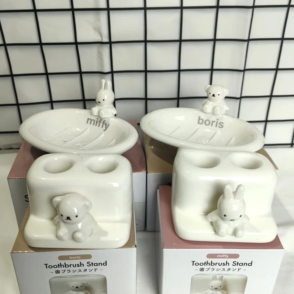 Portaspazzolino e Portasapone Miffy in Ceramica, Design Cartone Animato, Carino, per Uso Domestico, con Drenaggio, Accessorio per la Casa