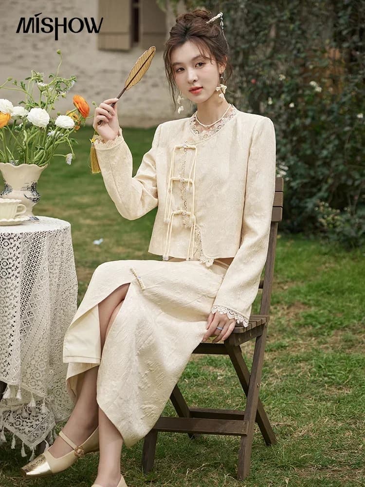 MISHOW Chinese Lace Edge Jacket Midi Skirts Separately Spring 2025 Elegant Top Irregular Jacquard Front Split Skirts MXD15W0370