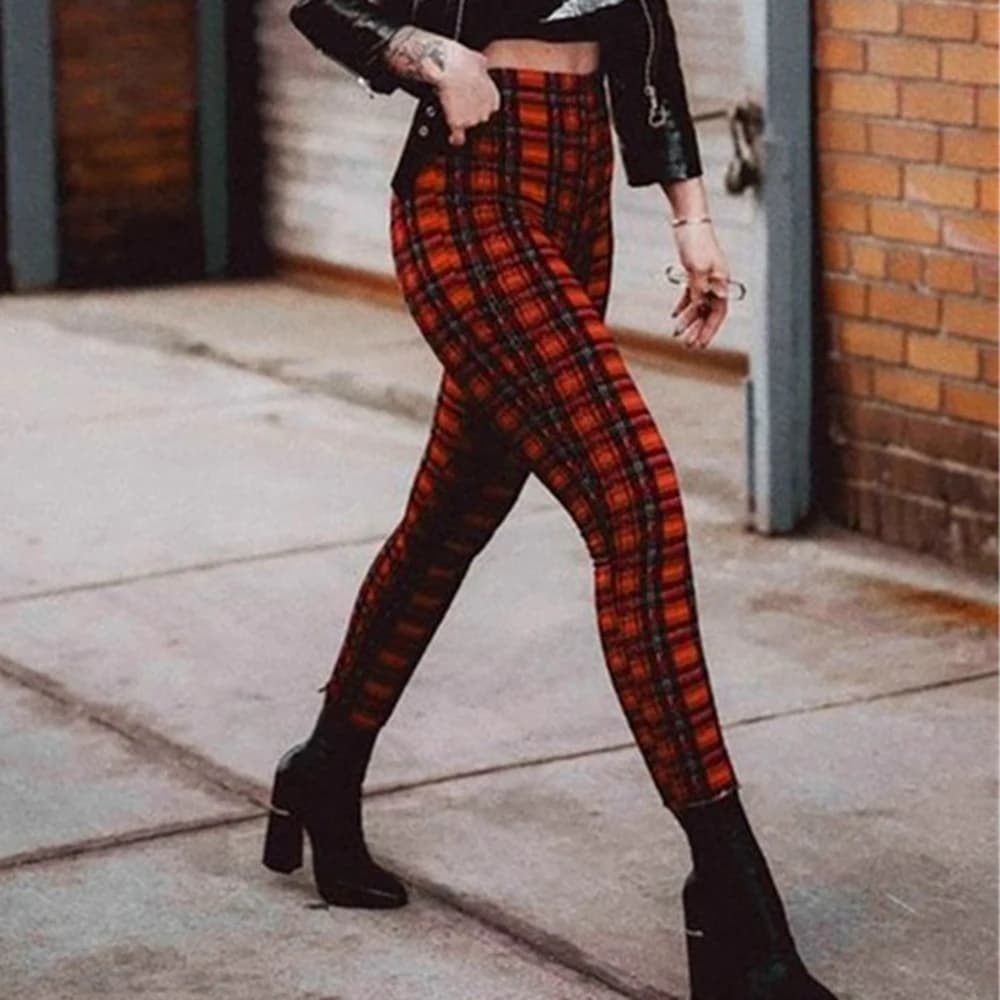 Nuovi Pantaloni Donna alla Moda, Slim Fit Elasticizzati, Casual, Jeggings a Quadri, Leggings, Pantaloni a Sigaretta con Stampa a Quadretti