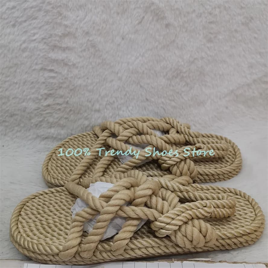 Retro Hweaving Roman Gladiator Women Sandals Summer Beach Outside Casual Shoes Peep Toe Emp Rope Cross Strap Ladies Flats
