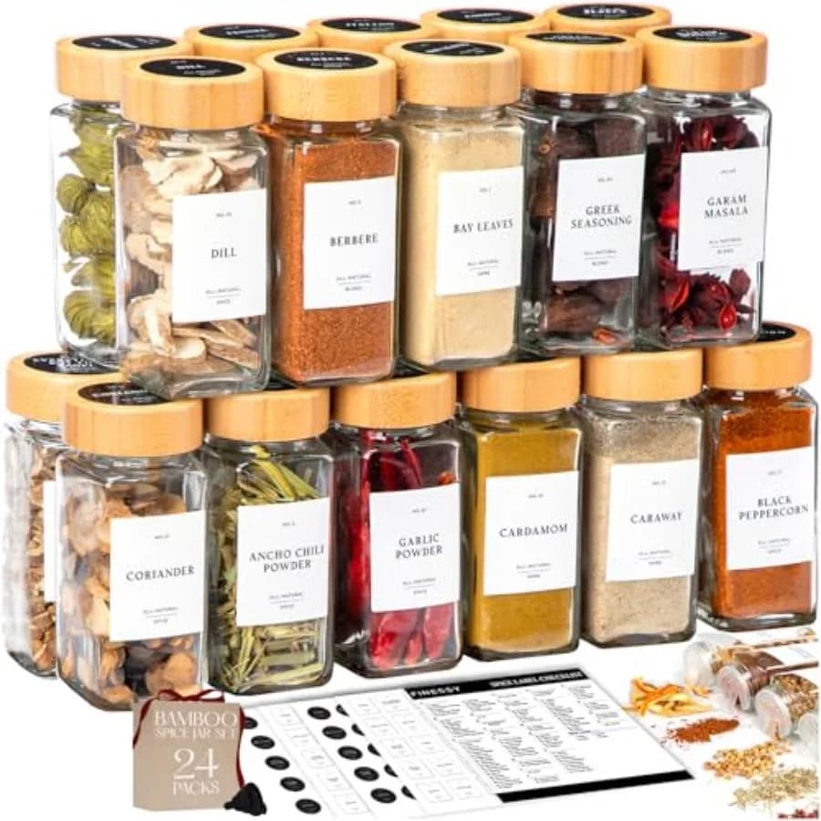 Bamboo Glass Spice Jars with Labels and Shaker Lids Clear Empty 4oz 24 Pack Bottles Set, Glass Spice Containers with Labels, Se