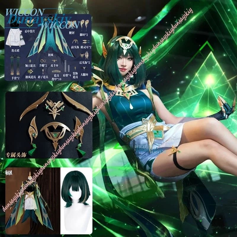 Nuovo Costume Cosplay Nefer Genshin Impact 2026, Set Completo con Sciarpa Verde, Gonna e Guanti per Carnevale e Feste di Halloween