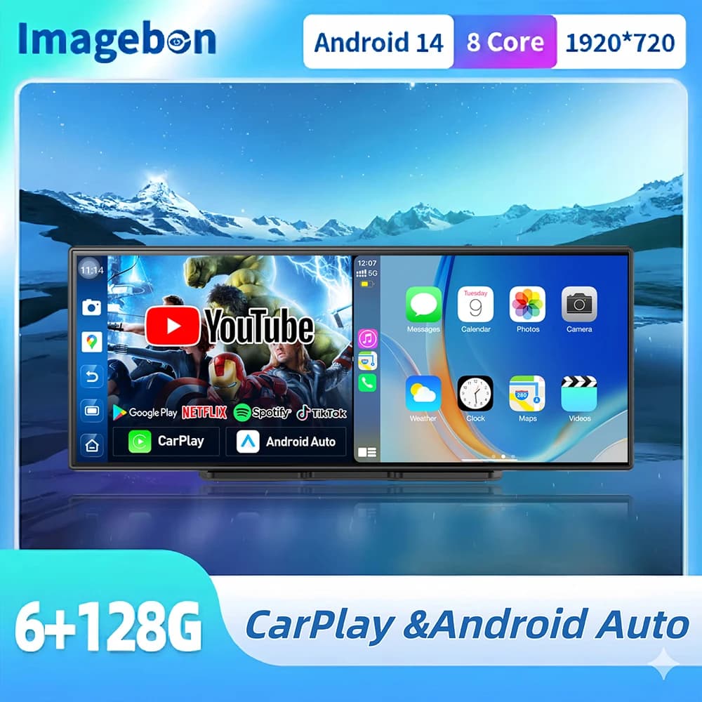 Imagebon W70 Android 14 6+128G Dashcam 11.4" 8 Core Wireless CarPlay & Android Auto Monitor Netflix Schermo Diviso Navigazione DVR