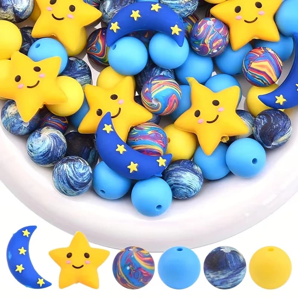 30PCS Star Moon Round Silicone Bead Set For Jewelry Making DIY Creative Special Beaded Pens Decor