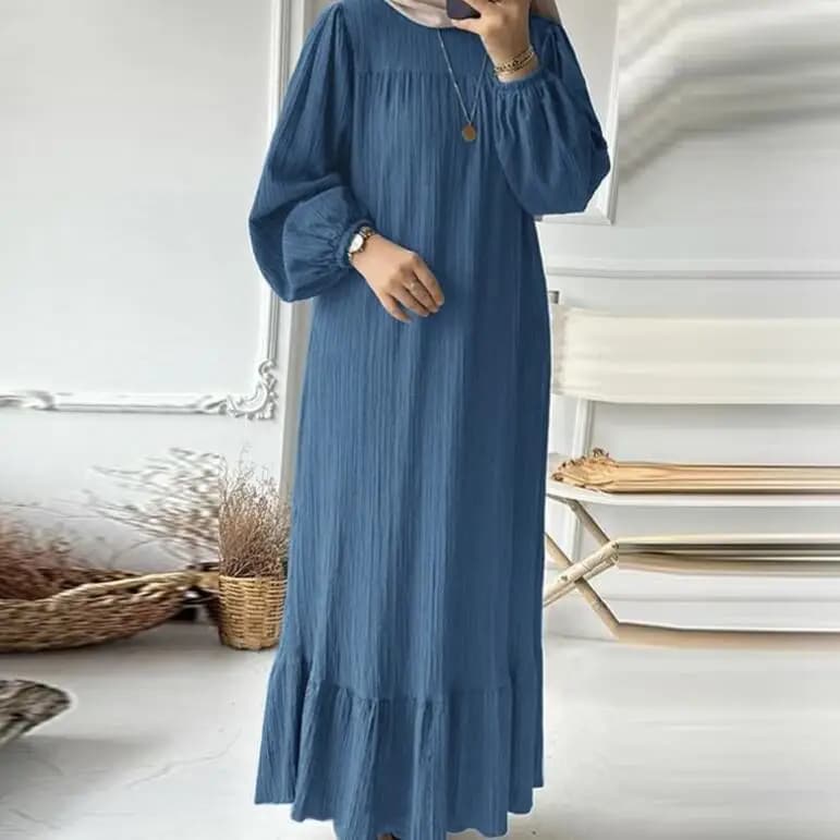 Moda donna O Collo Manica lunga Abaya musulmano Abito Vintage Solid Ruffles Hem Vestito estivo Robe Femme Turchia Vestido Caftano