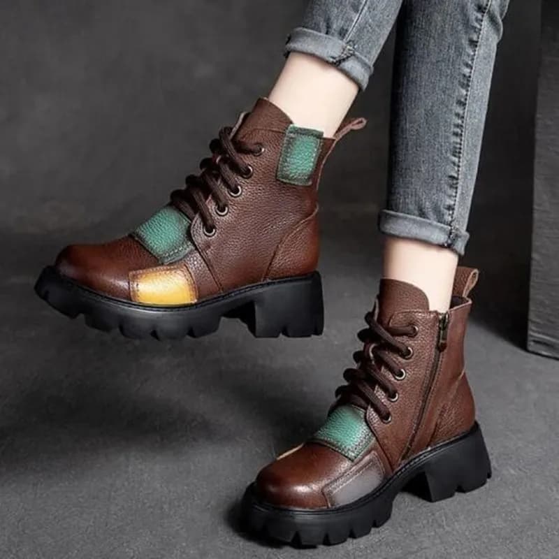 Autumn Winter Punk Goth Ankle Women Boots Mixed Colors Women Shoes Retro Genuine Leather Round Toe Sewing Handmade Platform Boot