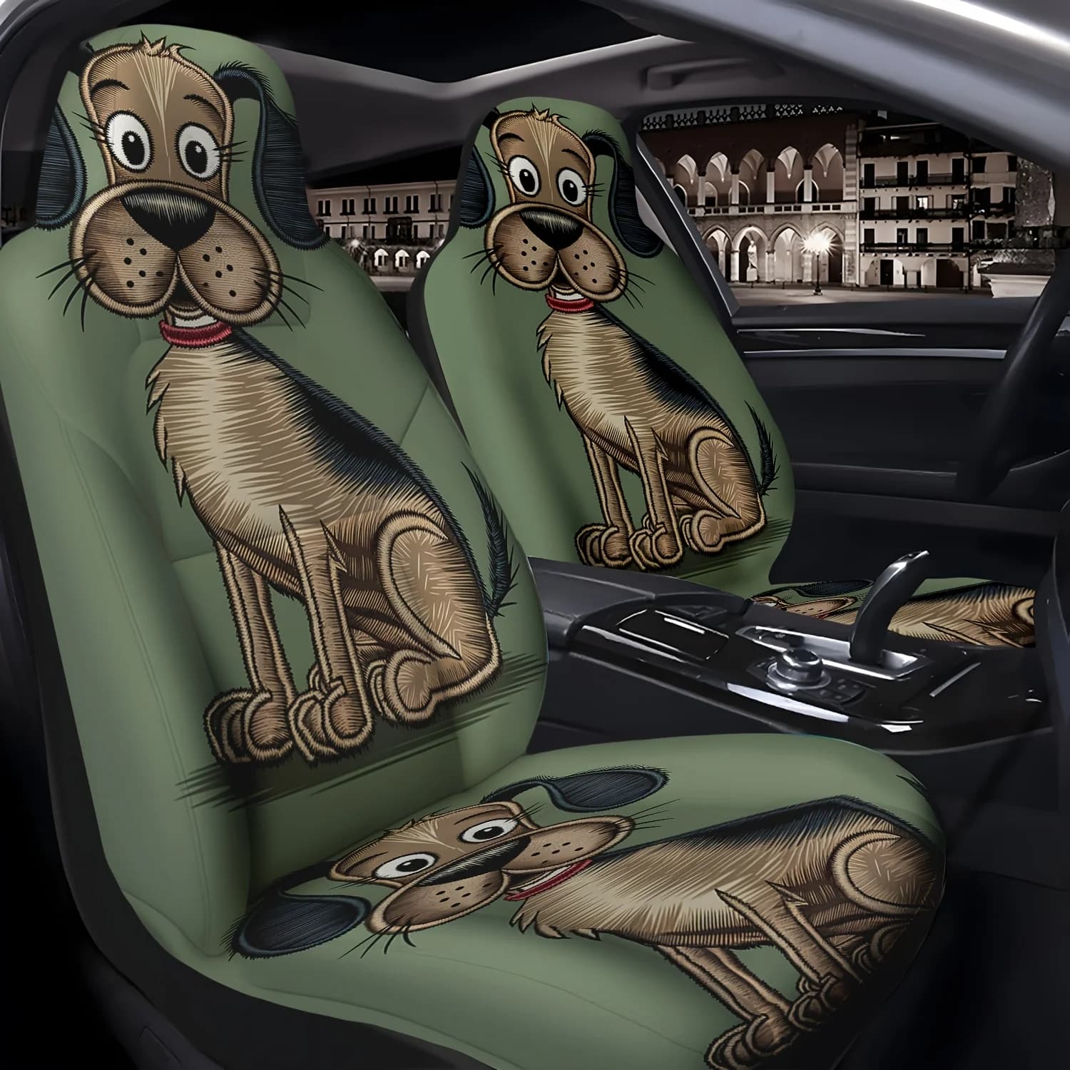 A set of two nice car covers with animated dog pattern, suitable for front S, easy to install and clean, compatible with cars, SUVs, T