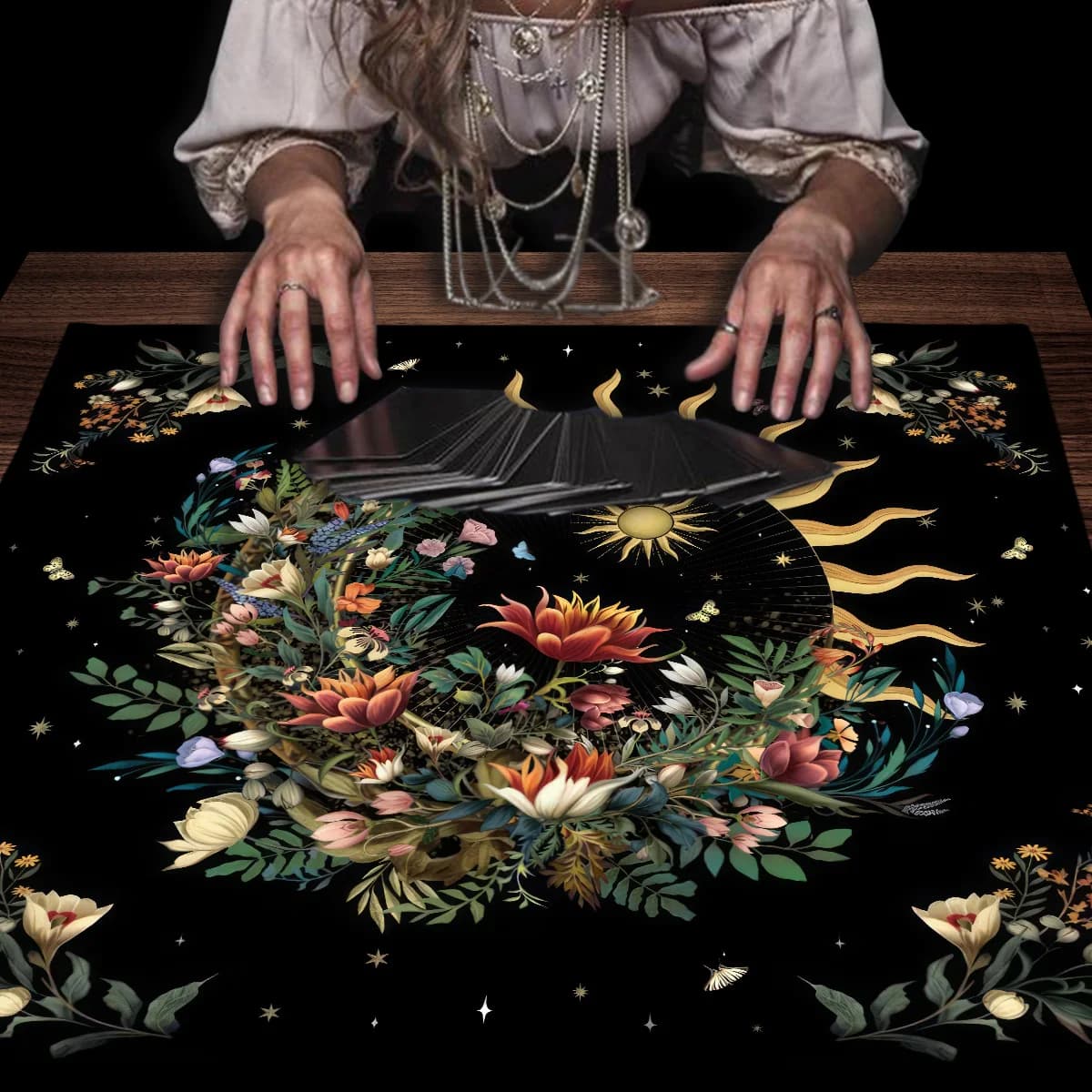 Panno per altare tarocchi da giardino al chiaro di luna Panno per altare floreale con sole e luna Cielo stellato Tappetino per tarocchi Decor Tappetino per carte da gioco fresco