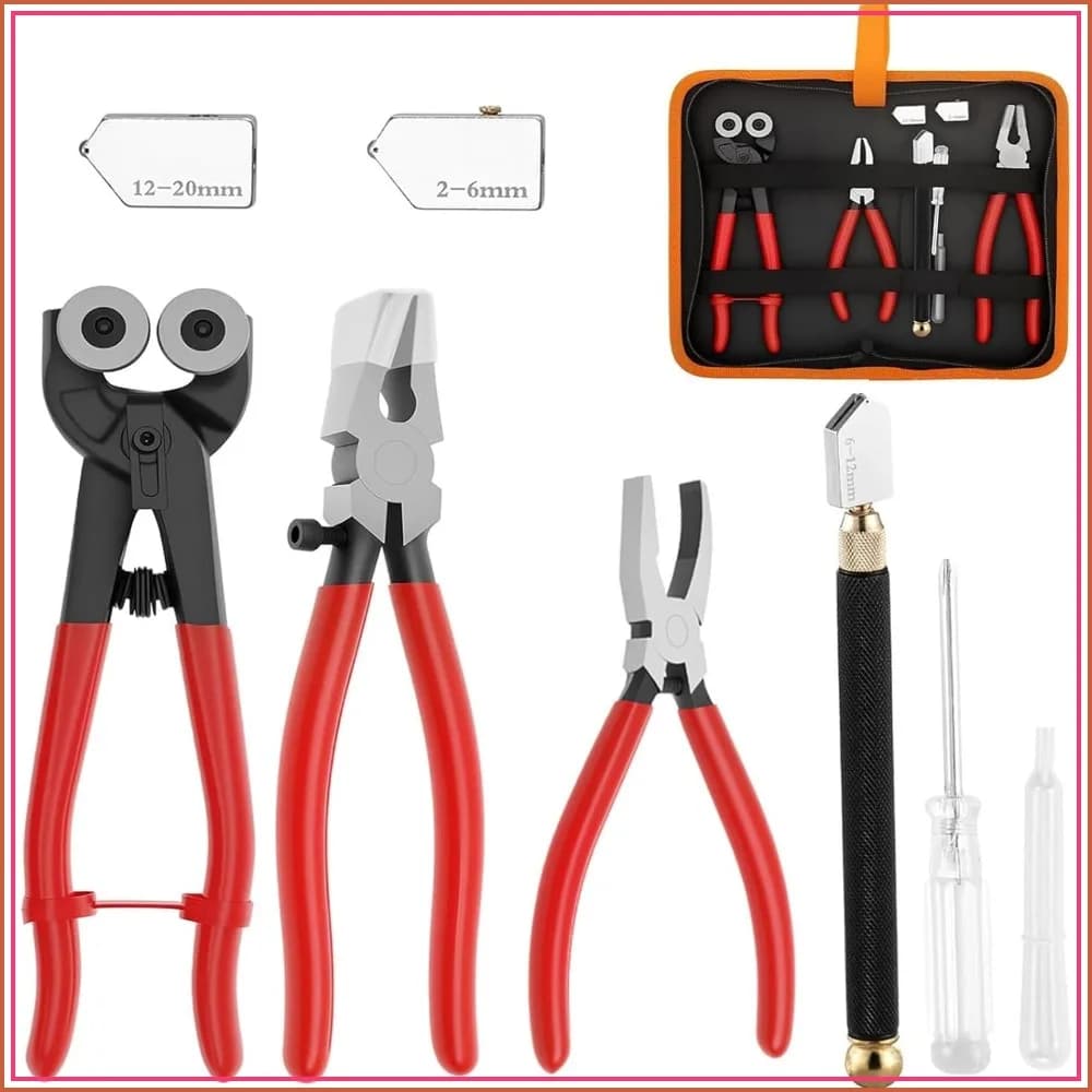 10PCS Glass Cutting Tool Kit, 2-20mm Stained Glass Cutter Set with Wheeled Nippers, Running Pliers, Breaking Pliers, Leather Zipper Bag for Tiles, Mosaic, Mirrors DIY