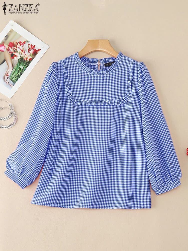 2025 ZANZEA Autunno Plaid Camicetta a quadri Donna O Collo Manica lunga Top Camicia allentata casual Mujer Donna OL Lavoro Blusas Oversize