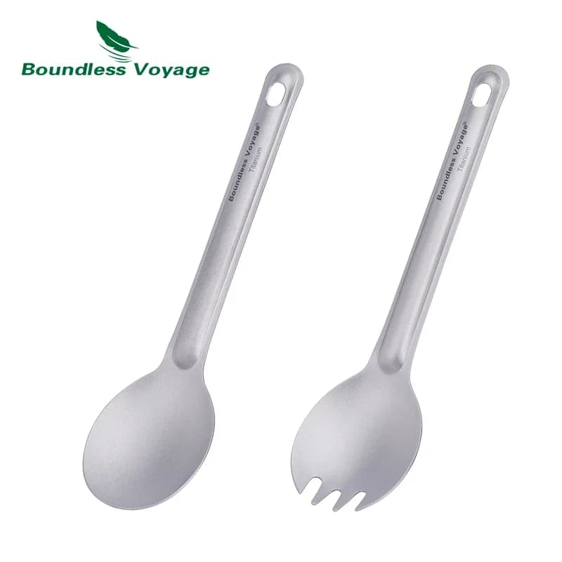 Boundless Voyage Titanium Spoon Spork Set Long Sleeve with Hanging Hole Outdoor Cutout Kitchen Kitchenware and Tableware