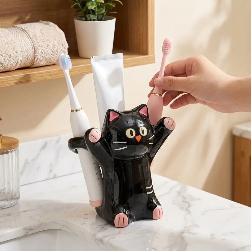 Ceramic Cat Toothbrush Holder Cartoon Animal Anti-Slip Base Electric Toothbrush Stand Aesthetic Whimsical