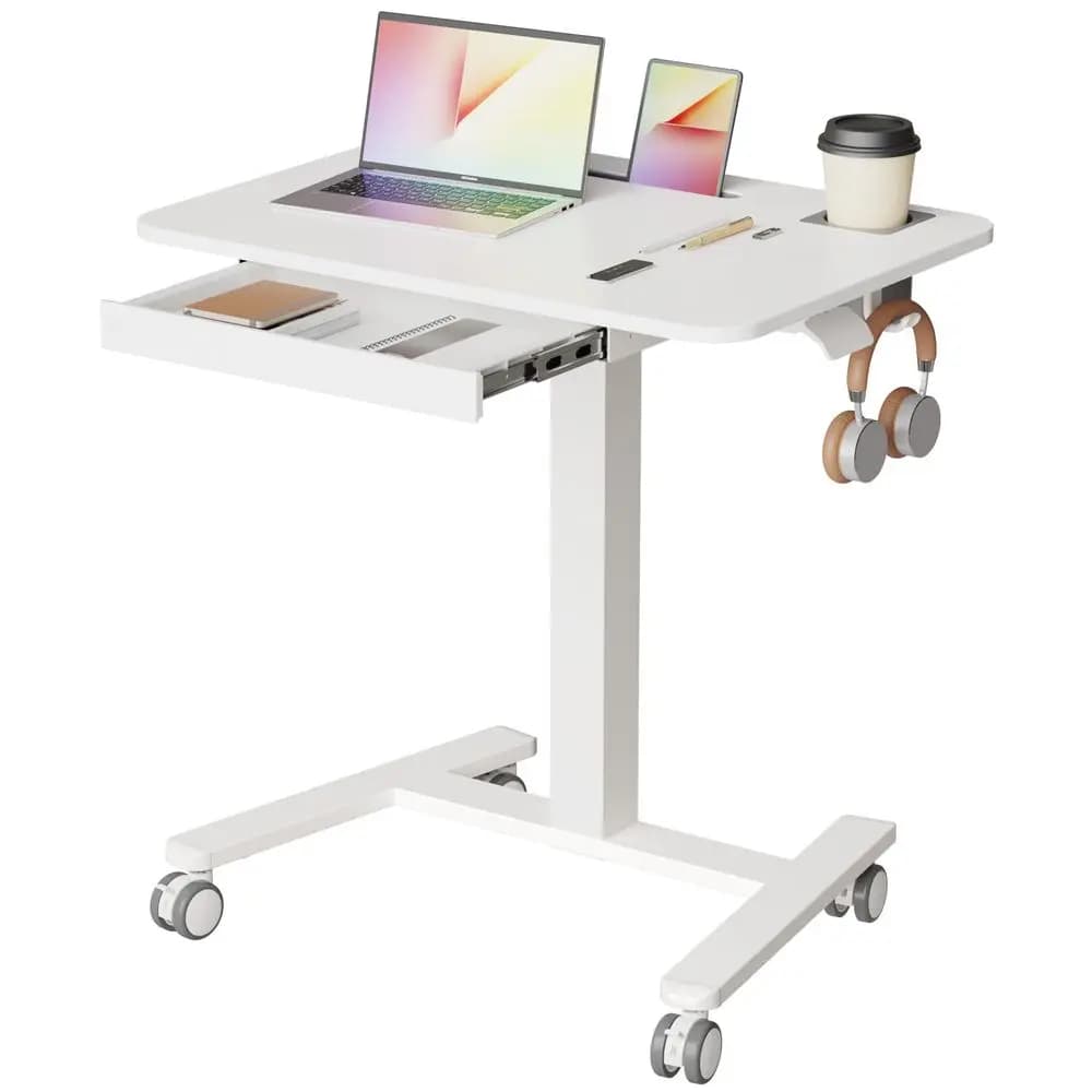 Scrivania Mobile con Cassetto, Tavolo da Lavoro su Ruote con Portabicchieri e Ganci, Carrello Portatile per Laptop, Altezza Regolabile