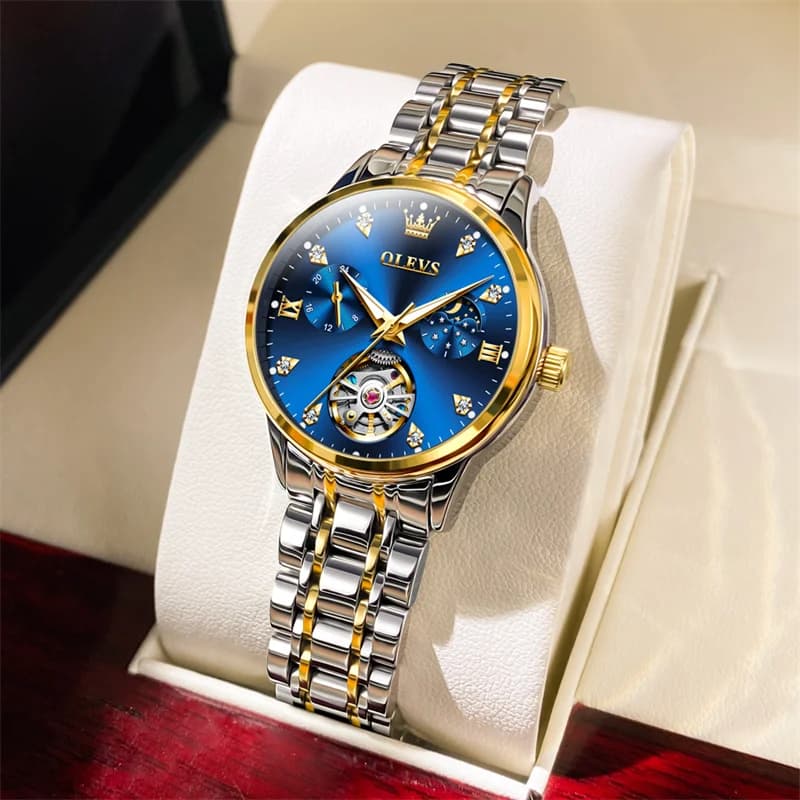 OLEVS Original Moon Phase Women Tourbillon Mechanical Watches Ladies Steel Wristwatch Waterproof Automatic Tourbillon Watch