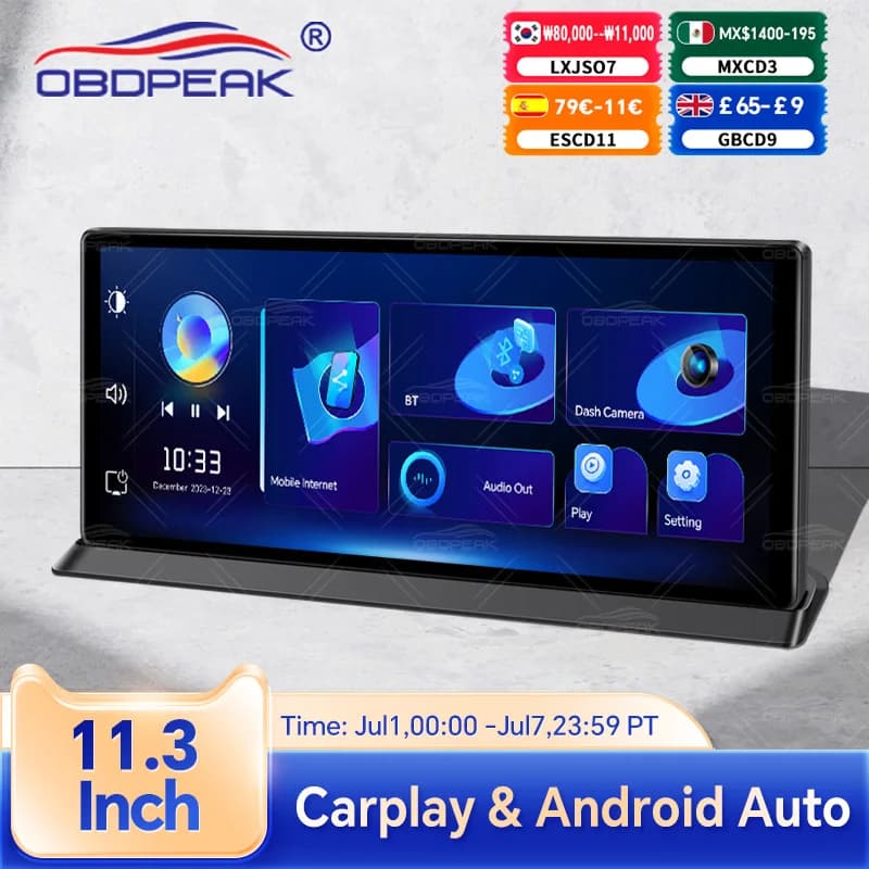 11.3 "OBDPEAK T20 Pro Dash Cam Wireless CarPlay and Android Automatic Recording GPS Navigation Monitor Night Vision Rearview Mirror