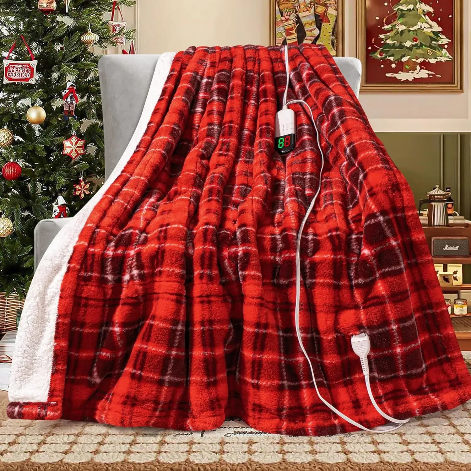 Coperta elettrica riscaldata in pelliccia sintetica, doppia 62x84 con 8 livelli di calore e spegnimento automatico, protezione da surriscaldamento, plaid rosso