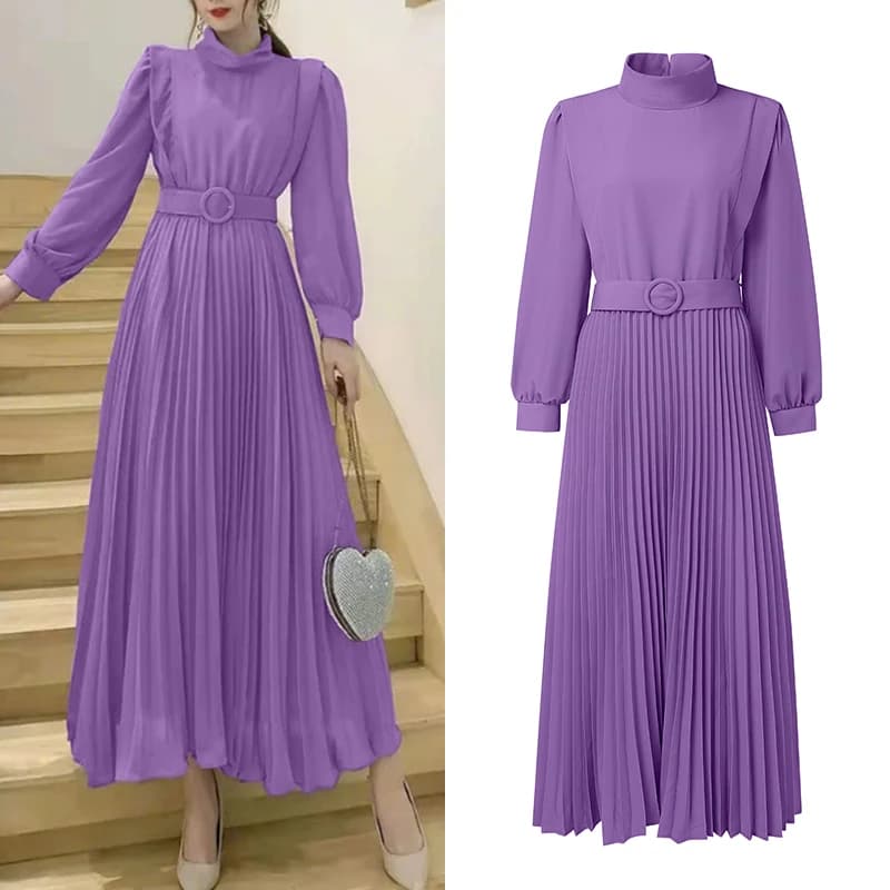 ZANZEA Elegant and chic long dress with folds, high neck, lantern sleeves, high waist belt, Korean style, Robe Femme