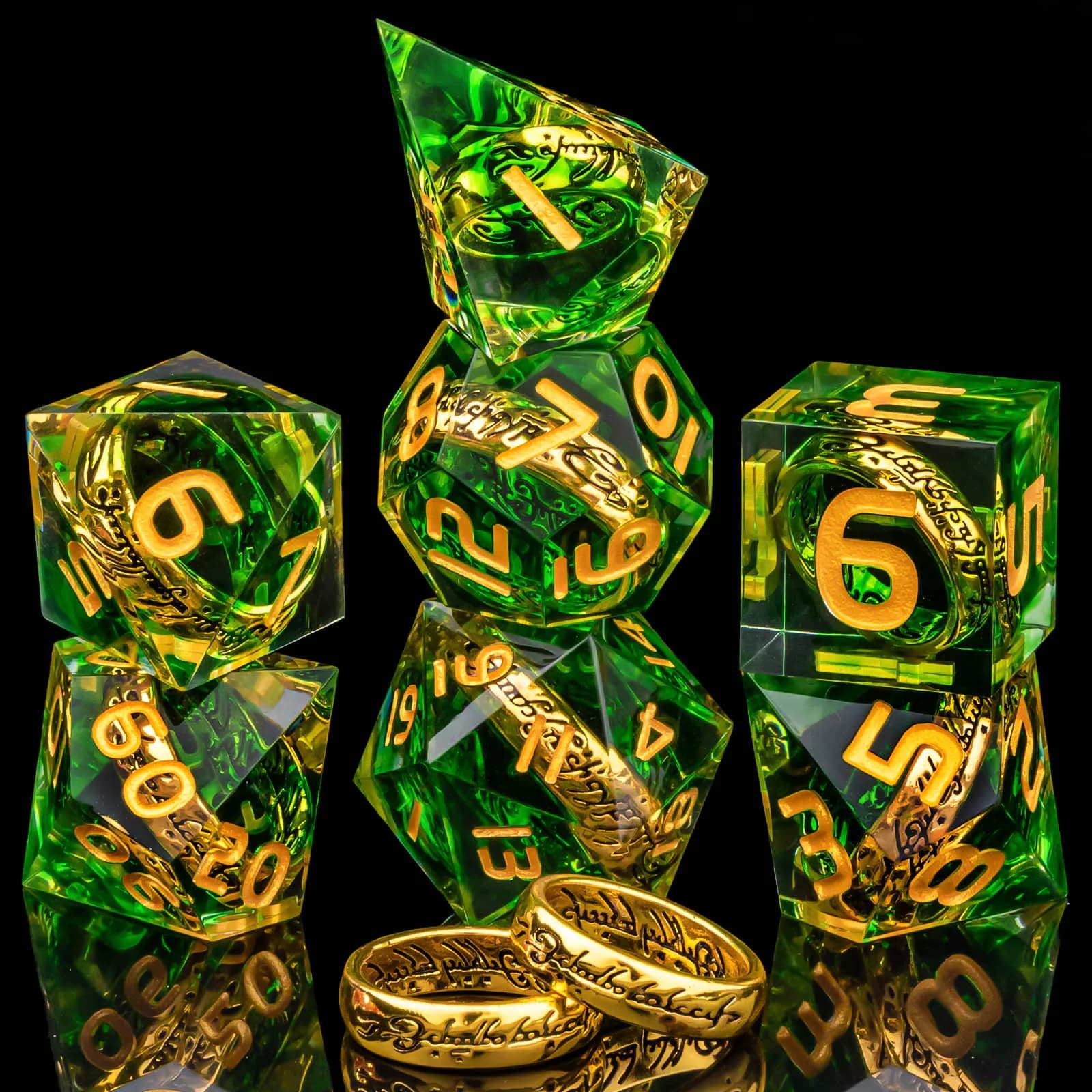 Magic Lord Ring DND Dice Set, 7Pcs Resin LOTR D&D Dice Set for Role Playing Game, Green Dungeons and Dragons Sharp Edge Dice Set