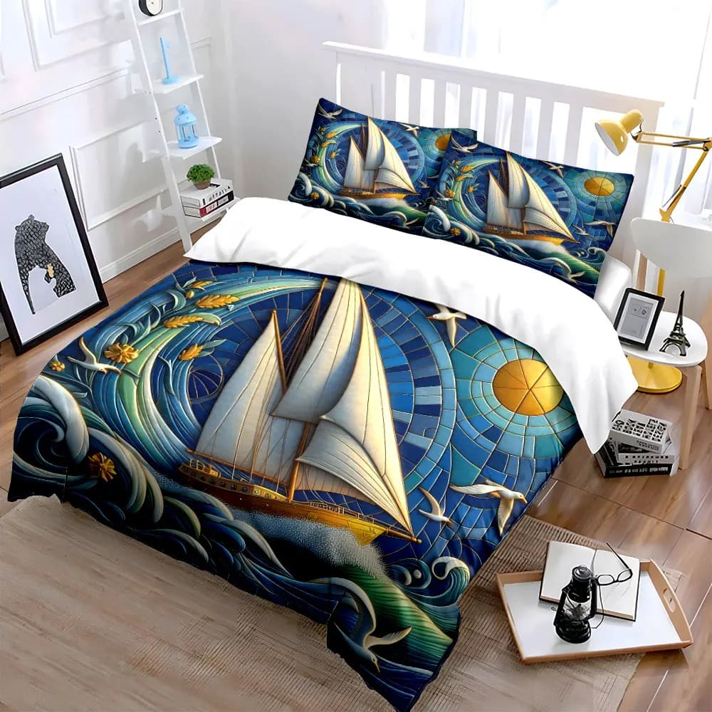 Set di biancheria da letto Ocean Sailing Art Decor, morbido e delicato sulla pelle, include 1 copripiumino e 2 federe, idea regalo