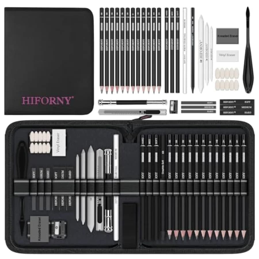 HIFORNY 42 PCS Drawing Set, Sketching Kit with Graphite and Charcoal Pencils, Blending Tools, Erasers and Accessories, Portable
