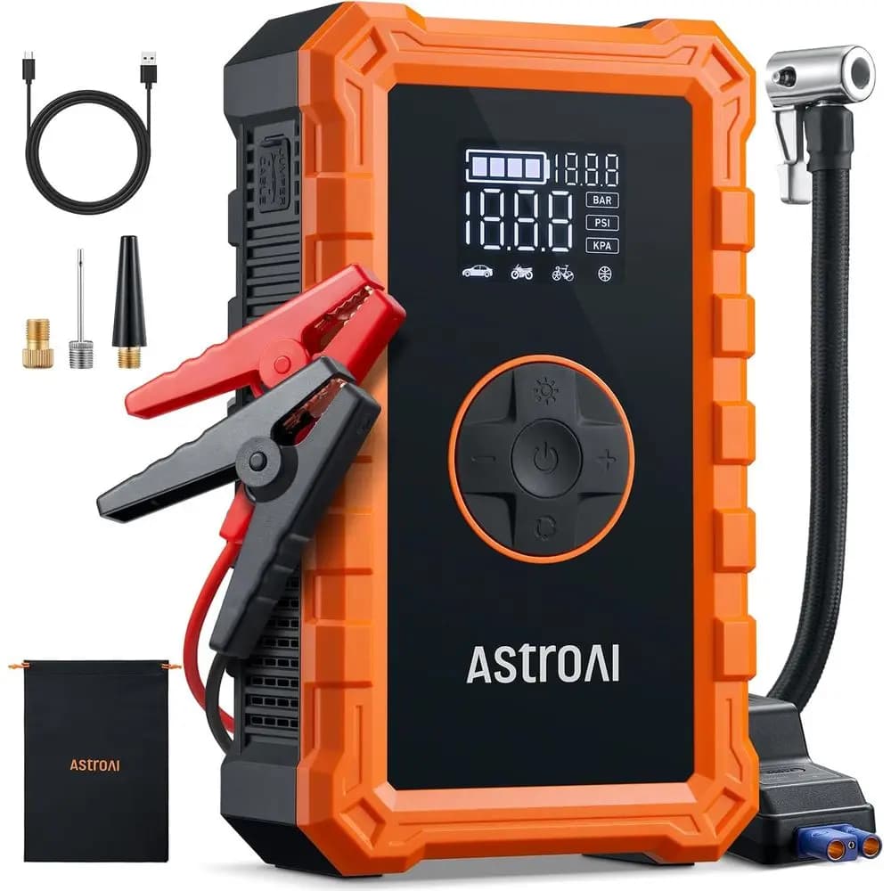Avviatore di Emergenza Portatile 3000A con Compressore d'Aria per Auto a Benzina 9.0/6.5L, Gonfiatore Automatico 150PSI, Booster Batteria 12V (Arancione)