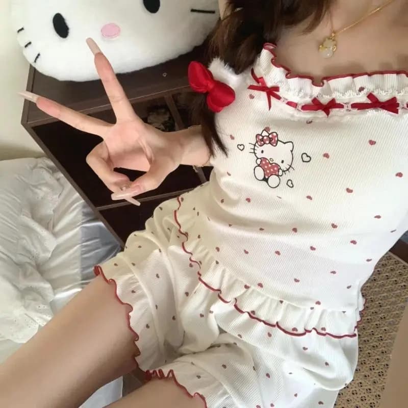 Hello Kitty Y2K Pigiama Set Miniso Donna Indumenti da notte carini Cartoon Maniche Canotta Pantaloncini Casa Estate Accogliente Pigiama Regalo della ragazza