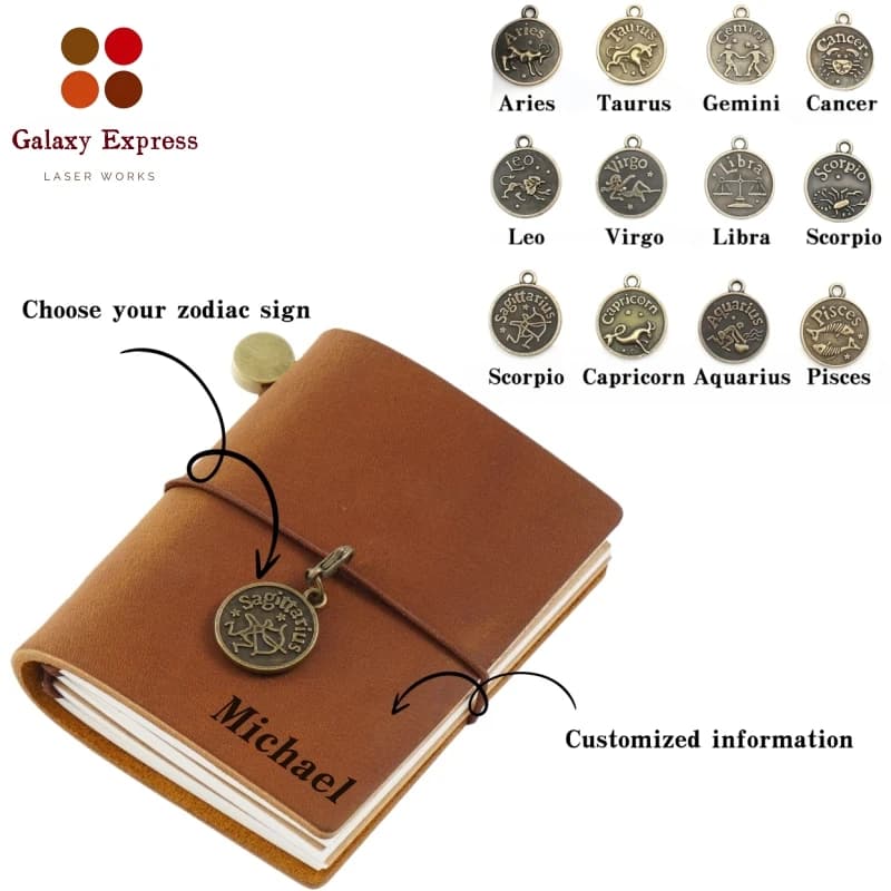 Regali Personalizzati con Nome, Taccuino Mini Portatile in Vera Pelle Vintage con Copertina, Diario in Pelle, Ciondolo a Forma di Moneta con Costellazione